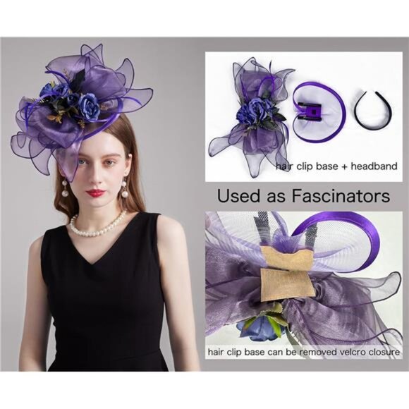 Women Organza Church Tea Party Hats Floral Purple main image 5